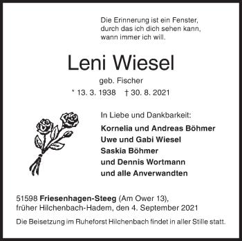 Traueranzeige von Leni Wiesel von Siegener Zeitung