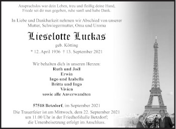 Traueranzeige von Lieselotte Luckas von Siegener Zeitung