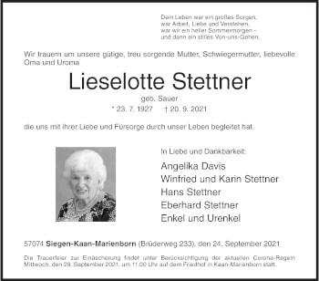 Traueranzeige von Lieselotte Stettner von Siegener Zeitung
