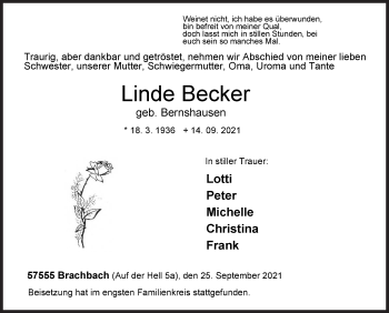 Traueranzeige von Linde Becker von Siegener Zeitung