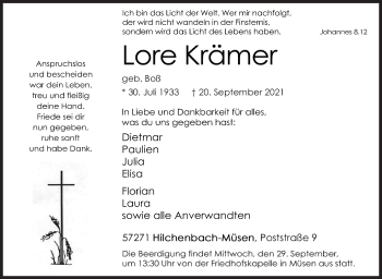 Traueranzeige von Lore Krämer von Siegener Zeitung