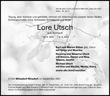 Traueranzeige von Lore Utsch von Siegener Zeitung