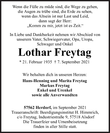 Traueranzeige von Lothar Freytag von Siegener Zeitung