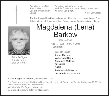 Traueranzeige von Magdalena Barkow von Siegener Zeitung
