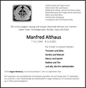 Traueranzeige von Manfred Althaus von Siegener Zeitung