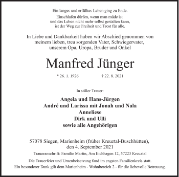 Traueranzeige von Manfred Jünger von Siegener Zeitung
