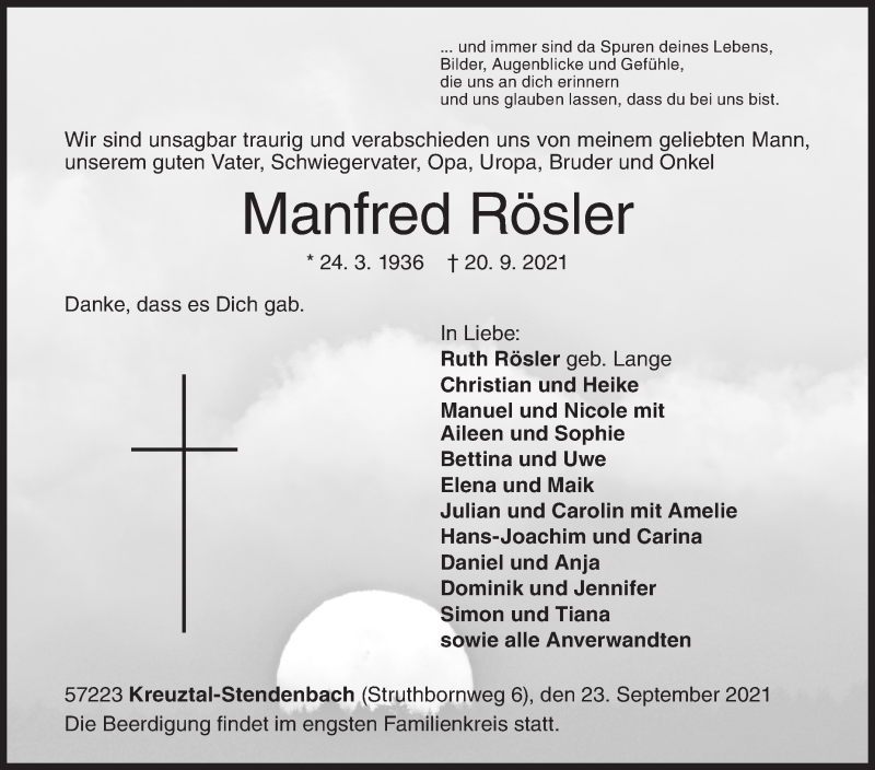  Traueranzeige für Manfred Rösler vom 23.09.2021 aus Siegener Zeitung