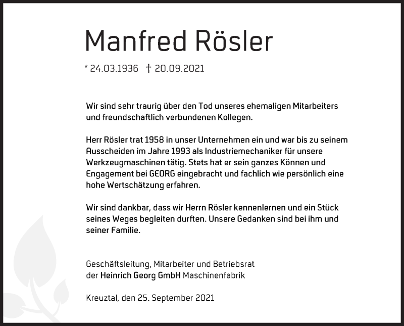  Traueranzeige für Manfred Rösler vom 25.09.2021 aus Siegener Zeitung