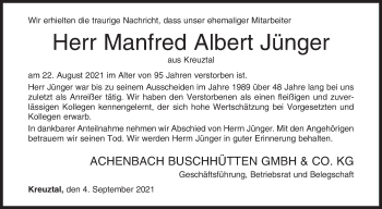 Traueranzeige von Manfred Albert Jünger von Siegener Zeitung