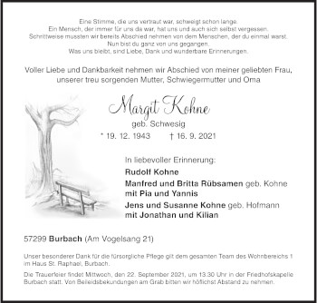 Traueranzeige von Margit Kohne von Siegener Zeitung