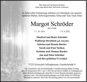Traueranzeige von Margot Schröder von Siegener Zeitung