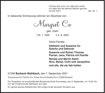 Traueranzeige von Margret Co von Siegener Zeitung