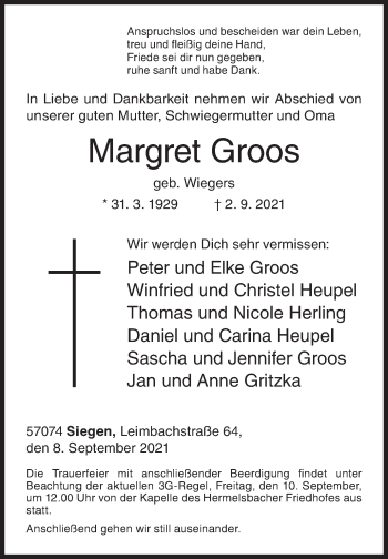 Traueranzeige von Margret Groos von Siegener Zeitung