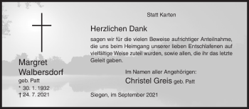 Traueranzeige von Margret Walbersdorf von Siegener Zeitung