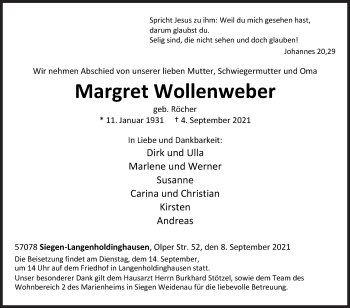 Traueranzeige von Margret Wollenweber von Siegener Zeitung