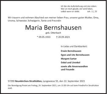Traueranzeige von Maria Bernshausen von Siegener Zeitung