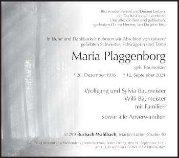 Traueranzeige von Maria Plaggenborg von Siegener Zeitung