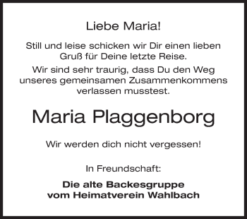 Traueranzeige von Maria Plaggenborg von Siegener Zeitung