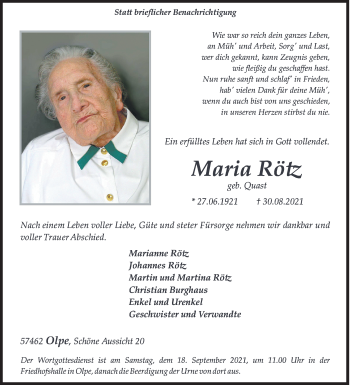 Traueranzeige von Maria Rötz von Siegener Zeitung