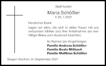 Traueranzeige von Maria Schößler von Siegener Zeitung