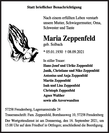 Traueranzeige von Maria Zeppenfeld von Siegener Zeitung
