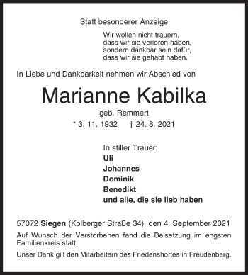 Traueranzeige von Marianne Kabilka von Siegener Zeitung