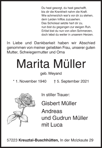 Traueranzeige von Marita Müller von Siegener Zeitung