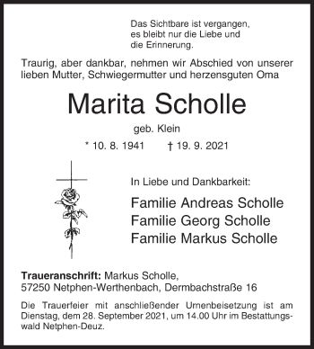 Traueranzeige von Marita Scholle von Siegener Zeitung