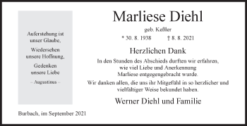 Traueranzeige von Marliese Diehl von Siegener Zeitung