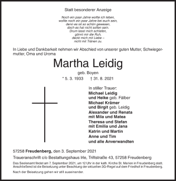 Traueranzeige von Martha Leidig von Siegener Zeitung