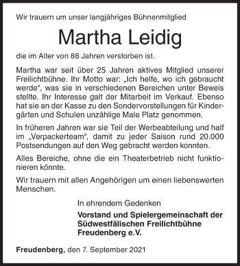 Traueranzeige von Martha Leidig von Siegener Zeitung