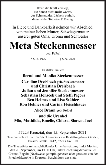 Traueranzeige von Meta Steckenmesser von Siegener Zeitung