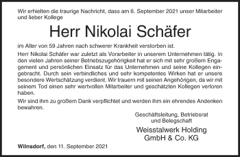 Traueranzeige von Nikolai Schäfer von Siegener Zeitung