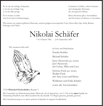 Traueranzeige von Nikolai Schäfer von Siegener Zeitung
