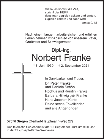 Traueranzeige von Norbert Franke von Siegener Zeitung