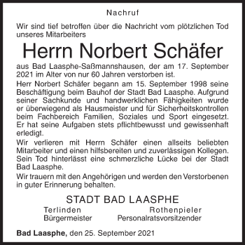 Traueranzeige von Norbert Schäfer von Siegener Zeitung