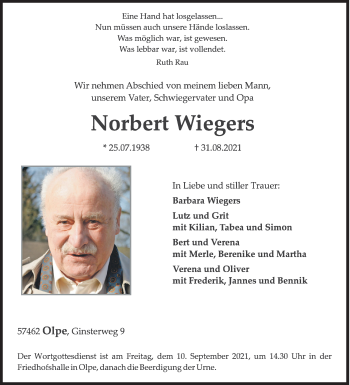 Traueranzeige von Norbert Wiegers von Siegener Zeitung