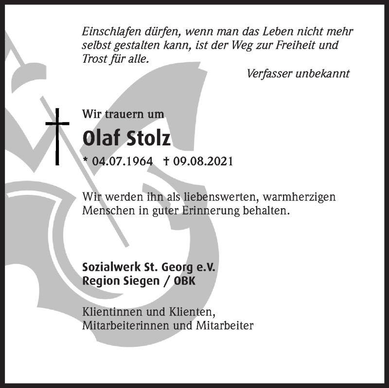  Traueranzeige für Olaf Stolz vom 01.09.2021 aus Siegener Zeitung