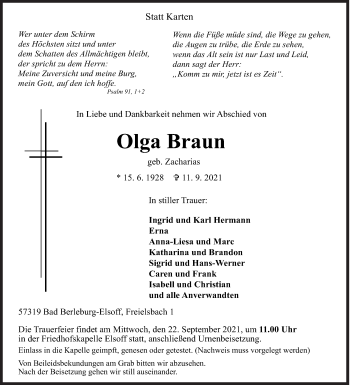 Traueranzeige von Olga Braun von Siegener Zeitung