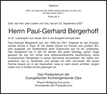 Traueranzeige von Paul-Gerhard Bergerhoff von Siegener Zeitung