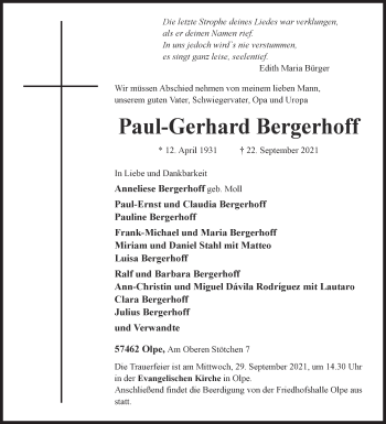 Traueranzeige von Paul-Gerhard Bergerhoff von Siegener Zeitung