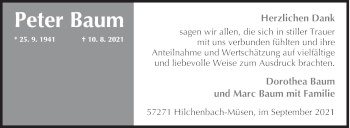 Traueranzeige von Peter Baum von Siegener Zeitung