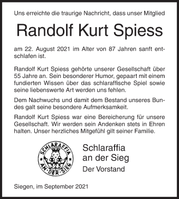 Traueranzeige von Randolf Kurt Spiess von Siegener Zeitung