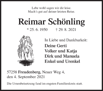 Traueranzeige von Reimar Schönling von Siegener Zeitung