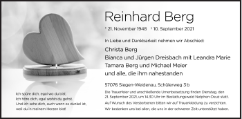 Traueranzeige von Reinhard Berg von Siegener Zeitung