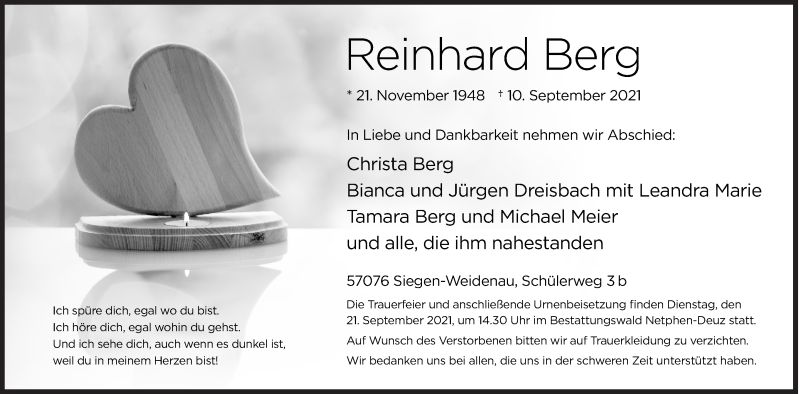  Traueranzeige für Reinhard Berg vom 15.09.2021 aus Siegener Zeitung