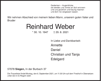 Traueranzeige von Reinhard Weber von Siegener Zeitung