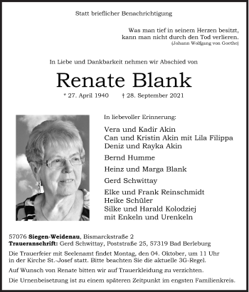 Traueranzeige von Renate Blank von Siegener Zeitung