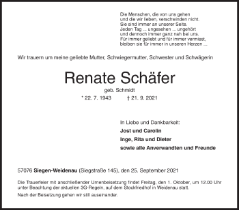 Traueranzeige von Renate Schäfer von Siegener Zeitung