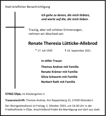 Traueranzeige von Renate Theresia Lütticke-Allebrod von Siegener Zeitung